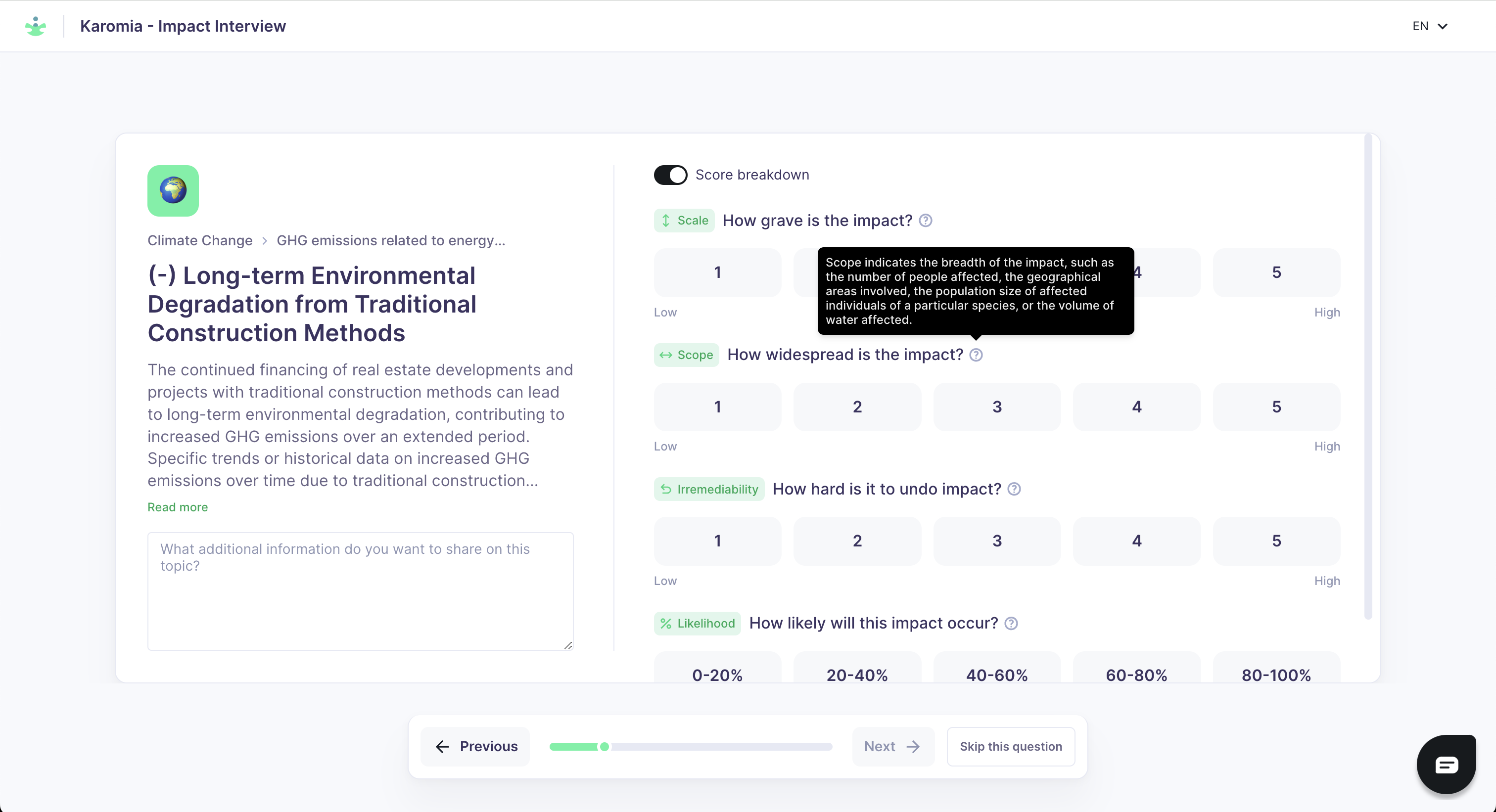 An example of a score breakdown on your Karomia platform