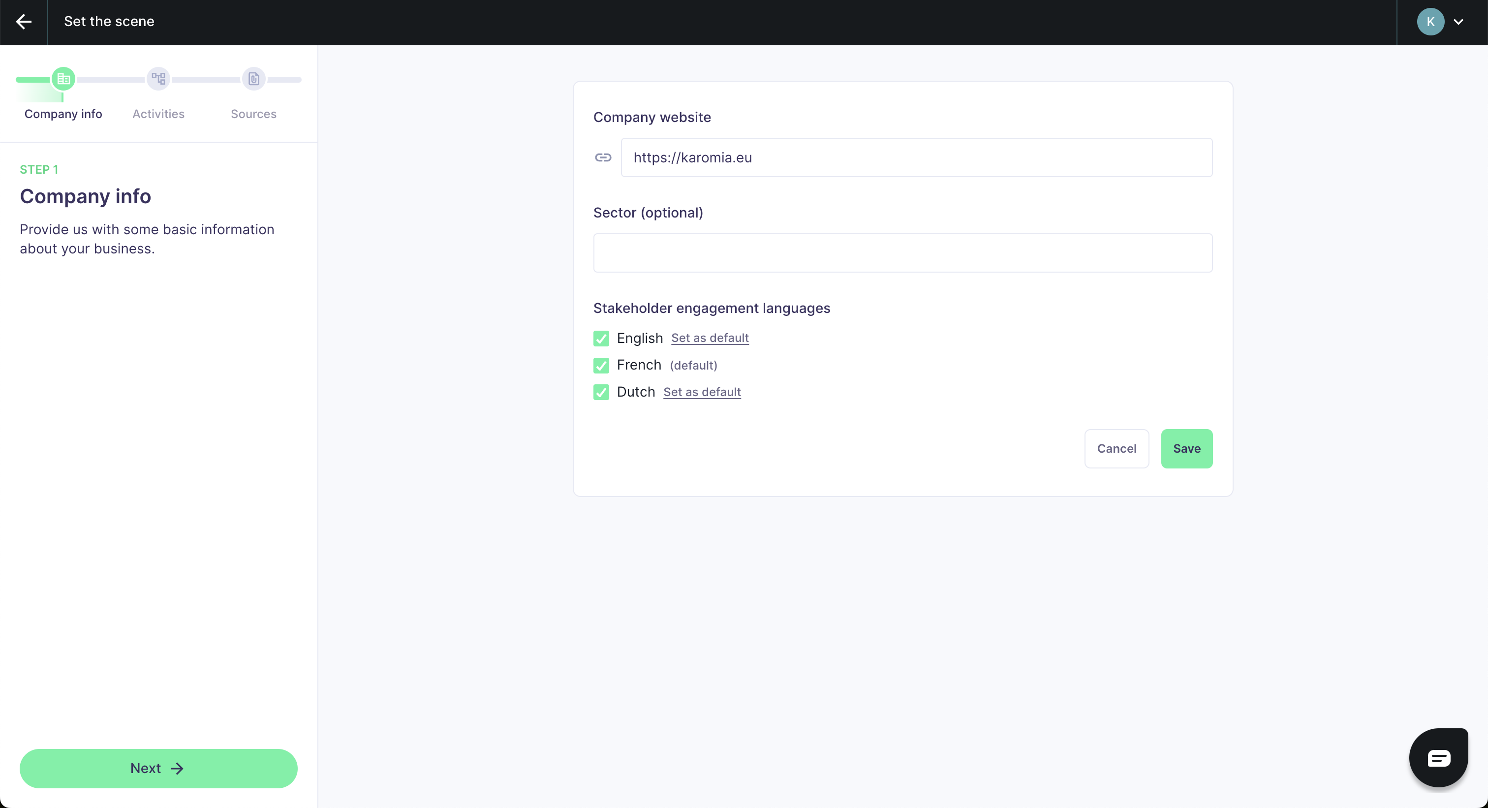 An assessment with 3 languages configured, with French as the default